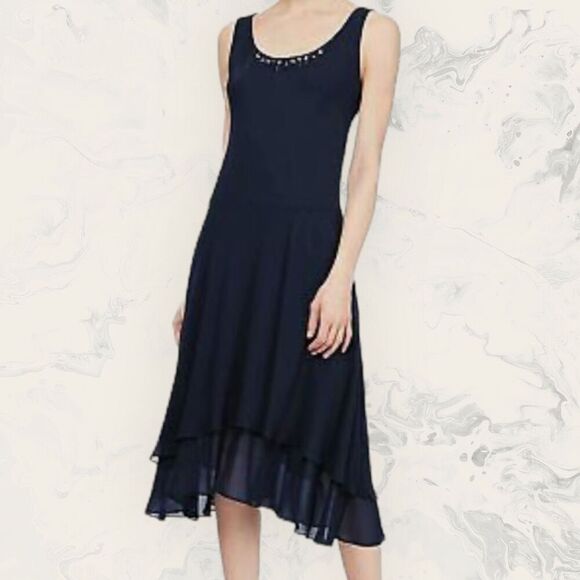 NEW SLNY Beaded Detail Black Chiffon Dress - Size 14P - Picture 1 of 4